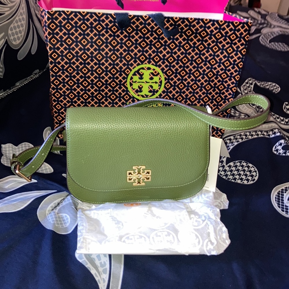 NWT~Tory Burch Britten Small Saddle Bag Spinach Green